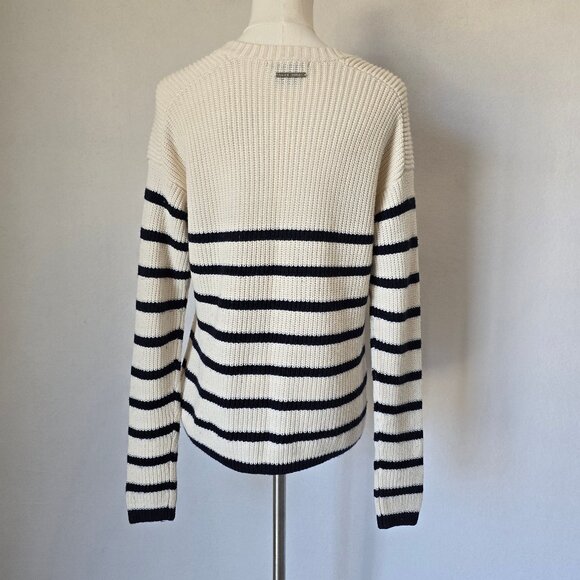 Armani Exchange Wool Blend Prep Strip Sweater Button-Accent Blue Cream - Picture 6 of 13